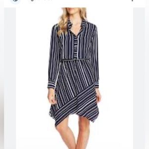 Vince Camuto Womens Navy Striped Asymmetric Hem Shirtdress Sz Small